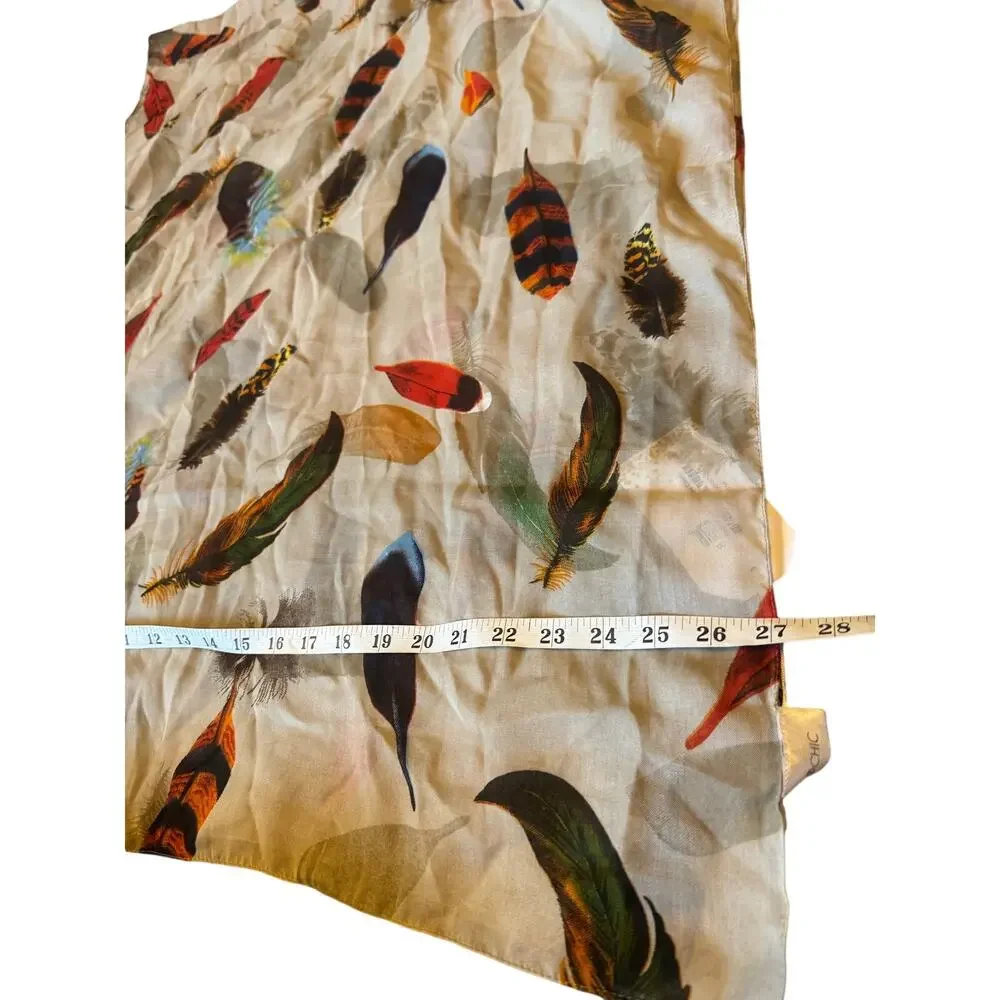 2 Chic Feather Print Scarf Beige Multicolor Lightweight Sheer Square Scarf